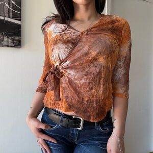90s Vintage Mesh Wrap Blouse – Boho Sheer Tie Top